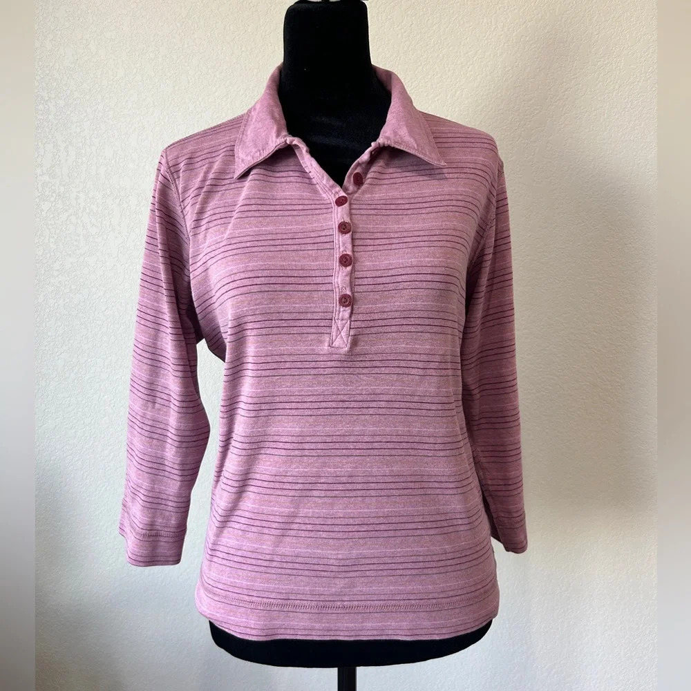 Eddie Bauer Women’s 90s Style Collared Henley Long Sleeve Top L Pink Striped